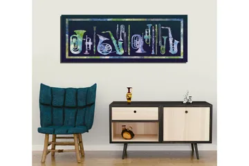 Canvastavla 80x30 cm - Komposition av olika blåsinstrument i abstrakt stil - Mörkblå / Ljusgrön / Vit - Inredning - Tavlor & posters - Canvastavla