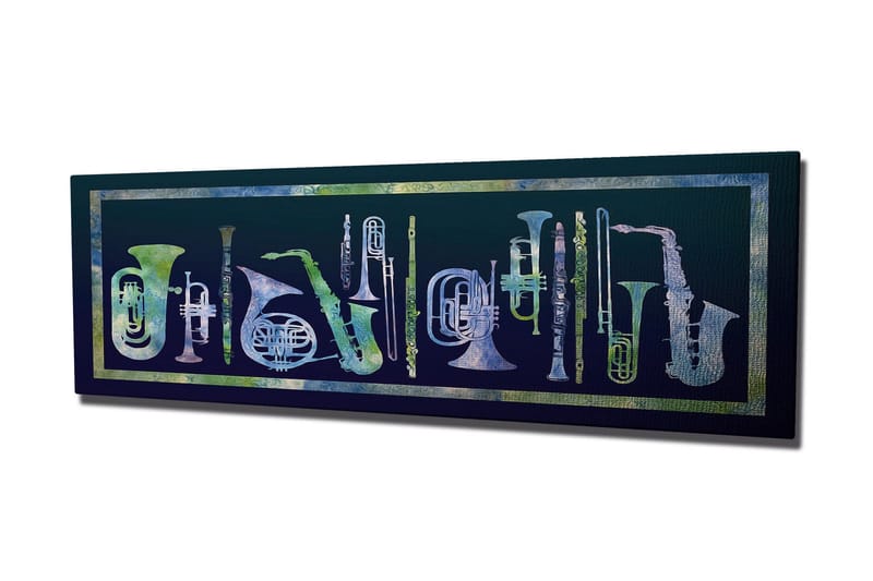 Canvastavla 80x30 cm - Komposition av olika blåsinstrument i abstrakt stil - Mörkblå / Ljusgrön / Vit - Inredning - Tavlor & posters - Canvastavla