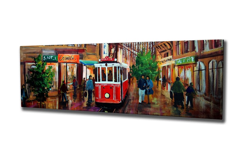 Canvastavla 80x30 cm - Röd spårvagn på en livlig gata med människor och butiker - Röd / Grön / Brun - Inredning - Tavlor & posters - Canvastavla