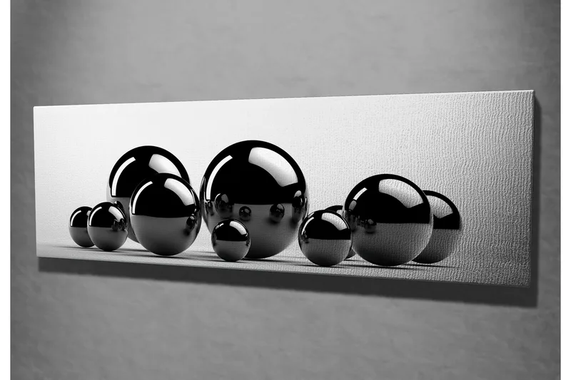 Canvastavla 80x30 cm - Reflekterande svarta sfärer i varierande storlekar - Svart / Grå - Inredning - Tavlor & posters - Canvastavla
