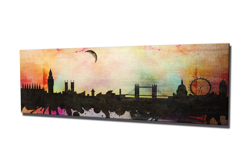 Canvastavla 80x30 cm - Silhuett av en stad med ikoniska byggnader mot en färgglad himmel - Svart / Rosa / Blå - Inredning - Tavlor & posters - Canvastavla