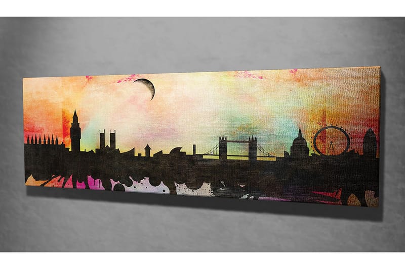 Canvastavla 80x30 cm - Silhuett av en stad med ikoniska byggnader mot en färgglad himmel - Svart / Rosa / Blå - Inredning - Tavlor & posters - Canvastavla