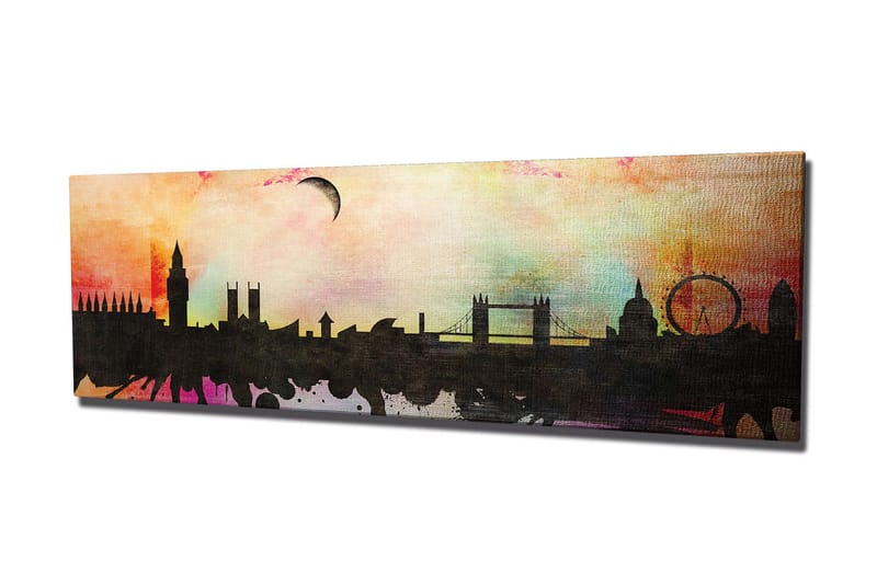 Canvastavla 80x30 cm - Silhuett av en stad med ikoniska byggnader mot en färgglad himmel - Svart / Rosa / Blå - Inredning - Tavlor & posters - Canvastavla