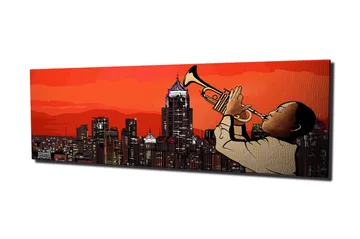 Canvastavla 80x30 cm - Spelande trumpetare mot en stadssilhuett i solnedgången - Röd / Svart / Beige - Inredning - Tavlor & posters - Canvastavla