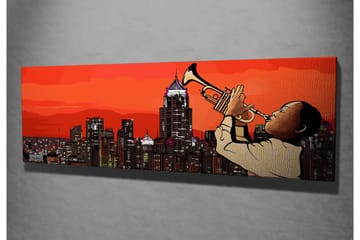 Canvastavla 80x30 cm - Spelande trumpetare mot en stadssilhuett i solnedgången - Röd / Svart / Beige - Inredning - Tavlor & posters - Canvastavla