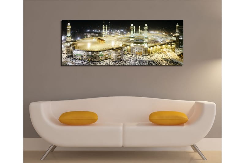 Canvastavla 80x30 cm - Storslagen vy över den heliga platsen i Mecka vid nattens ljus - Guld / Grön / Svart - Inredning - Tavlor & posters - Canvastavla