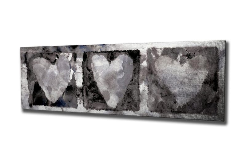 Canvastavla 80x30 cm - Tre hjärtan i mjuka gråtoner - Grå / Vit / Svart - Inredning - Tavlor & posters - Canvastavla