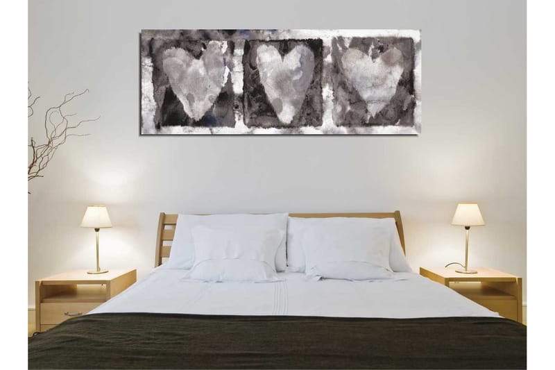 Canvastavla 80x30 cm - Tre hjärtan i mjuka gråtoner - Grå / Vit / Svart - Inredning - Tavlor & posters - Canvastavla