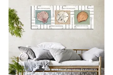 Canvastavla 80x30 cm - Tre olika snäckor på färgade bakgrunder - Grön / Beige / Rosa - Inredning - Tavlor & posters - Canvastavla