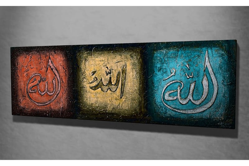 Canvastavla 80x30 cm - Tre paneler med kalligrafiska inskriptioner i olika färger - Röd / Guld / Turkos - Inredning - Tavlor & posters - Canvastavla