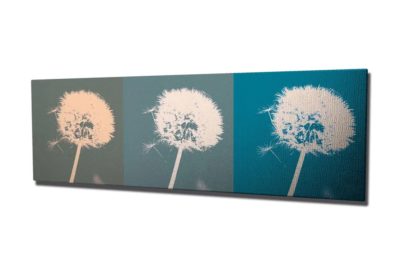 Canvastavla 80x30 cm - Tredelad bild av en maskros med olika färgtoner - Ljusrosa / Grönblå / Mörkblå - Inredning - Tavlor & posters - Canvastavla