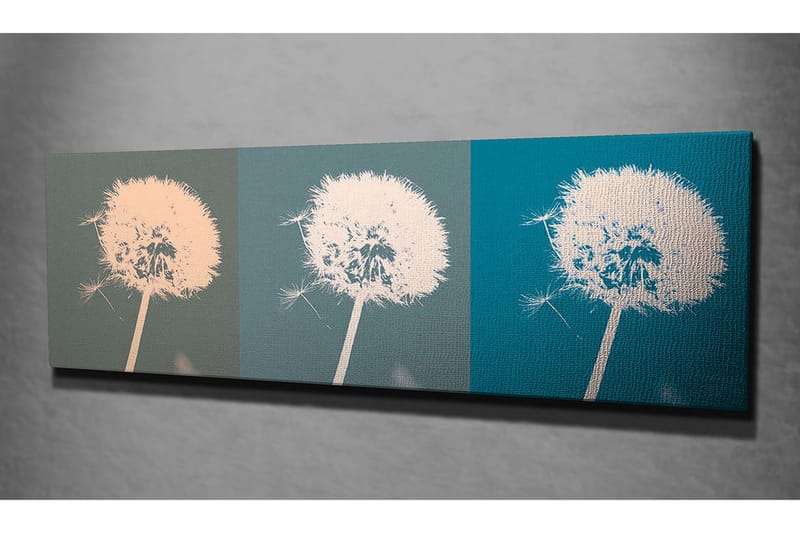 Canvastavla 80x30 cm - Tredelad bild av en maskros med olika färgtoner - Ljusrosa / Grönblå / Mörkblå - Inredning - Tavlor & posters - Canvastavla