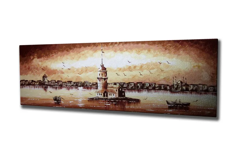 Canvastavla 80x30 cm - Vacker fyr på en ö med en solnedgång i bakgrunden - Beige / Brunt / Vitt - Inredning - Tavlor & posters - Canvastavla