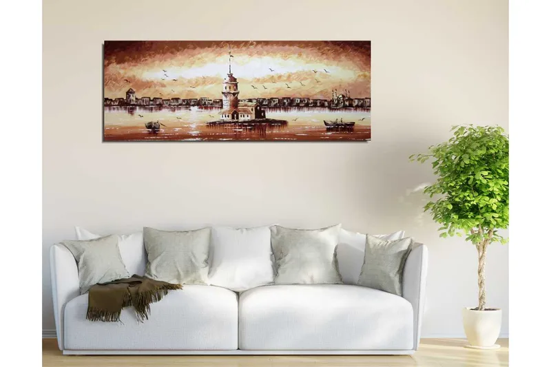 Canvastavla 80x30 cm - Vacker fyr på en ö med en solnedgång i bakgrunden - Beige / Brunt / Vitt - Inredning - Tavlor & posters - Canvastavla