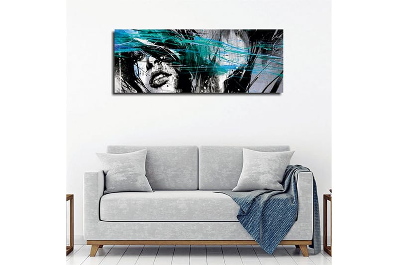 Canvastavla 80x30 cm - Porträtt av en kvinna med abstrakta färgstråk - Svart / Turkos / Vit - Inredning - Tavlor & posters - Canvastavla