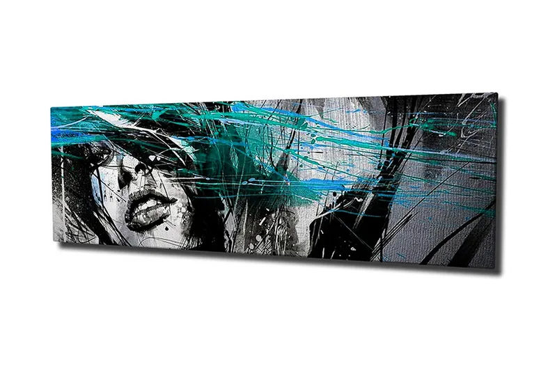 Canvastavla 80x30 cm - Porträtt av en kvinna med abstrakta färgstråk - Svart / Turkos / Vit - Inredning - Tavlor & posters - Canvastavla