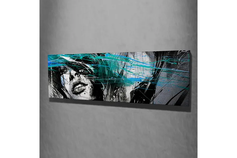 Canvastavla 80x30 cm - Porträtt av en kvinna med abstrakta färgstråk - Svart / Turkos / Vit - Inredning - Tavlor & posters - Canvastavla