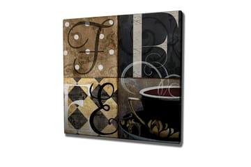 Canvastavla - Abstrakt komposition med bokstäver och en kaffekopp - Brun / Svart / Guld - Inredning - Tavlor & posters - Canvastavla