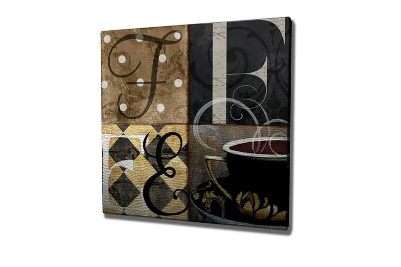 Canvastavla - Abstrakt komposition med bokstäver och en kaffekopp, Brun / Svart / Guld