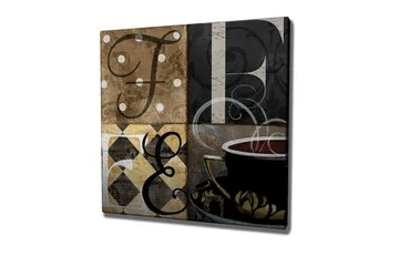 Canvastavla - Abstrakt komposition med bokstäver och en kaffekopp - Brun / Svart / Guld - Inredning - Tavlor & posters - Canvastavla