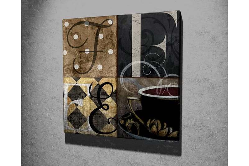 Canvastavla - Abstrakt komposition med bokstäver och en kaffekopp - Brun / Svart / Guld - Inredning - Tavlor & posters - Canvastavla
