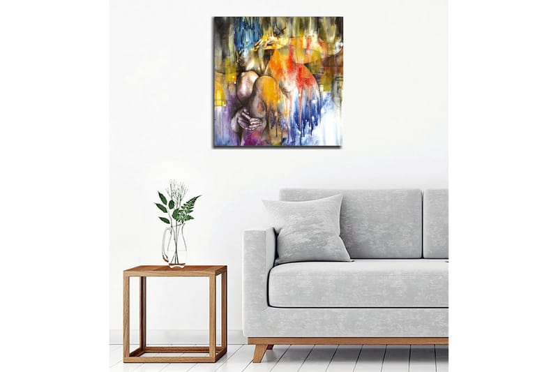 Canvastavla - Abstrakt komposition med en kvinna som omfamnar sig själv - Blå / Orange / Lila - Inredning - Tavlor & posters - Canvastavla