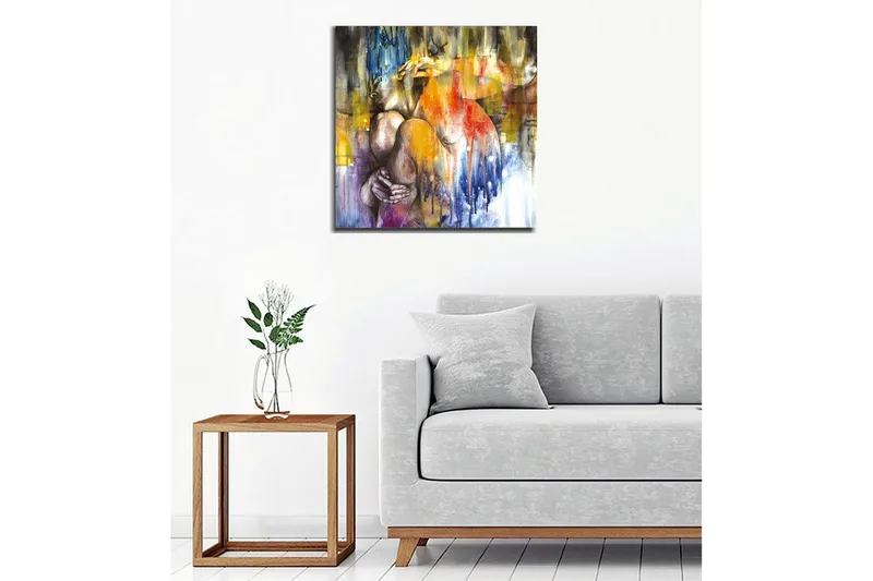 Canvastavla - Abstrakt komposition med en kvinna som omfamnar sig själv - Blå / Orange / Lila - Inredning - Tavlor & posters - Canvastavla