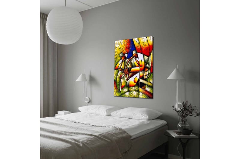 Canvastavla - Abstrakt komposition med två figurer som håller i en cirkel - Grön / Röd / Gul - Inredning - Tavlor & posters - Canvastavla