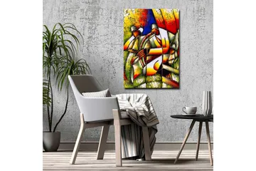 Canvastavla - Abstrakt komposition med två figurer som håller i en cirkel - Grön / Röd / Gul - Inredning - Tavlor & posters - Canvastavla