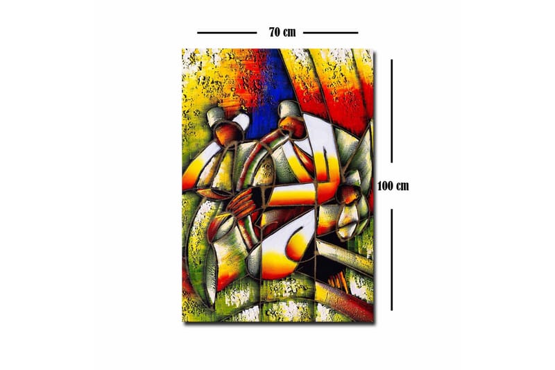 Canvastavla - Abstrakt komposition med två figurer som håller i en cirkel - Grön / Röd / Gul - Inredning - Tavlor & posters - Canvastavla