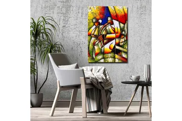 Canvastavla - Abstrakt komposition med två figurer som håller i en cirkel - Grön / Röd / Gul - Inredning - Tavlor & posters - Canvastavla