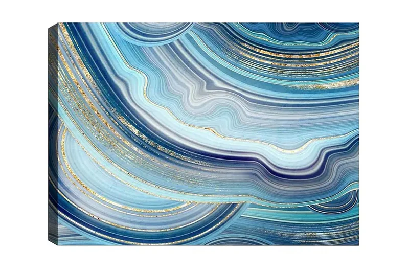 Canvastavla - Abstrakt komposition med vågiga linjer i blå nyanser, Blå / Turkos / Guld