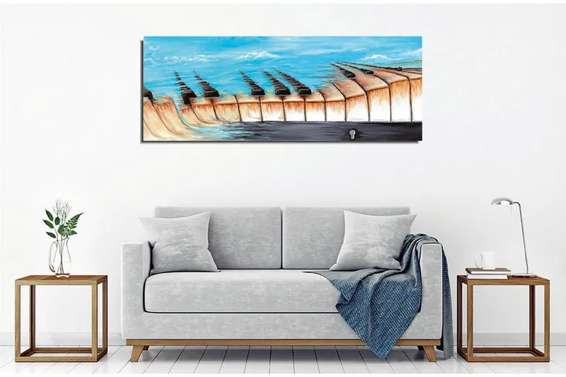 Canvastavla - Abstrakt landskap med en sjö och geometriska former - Blå / Beige / Svart - Inredning - Tavlor & posters - Canvastavla