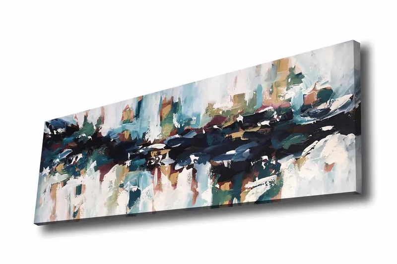 Canvastavla - Abstrakt landskap med flytande former och färger, Mörkblå / Turkos / Beige