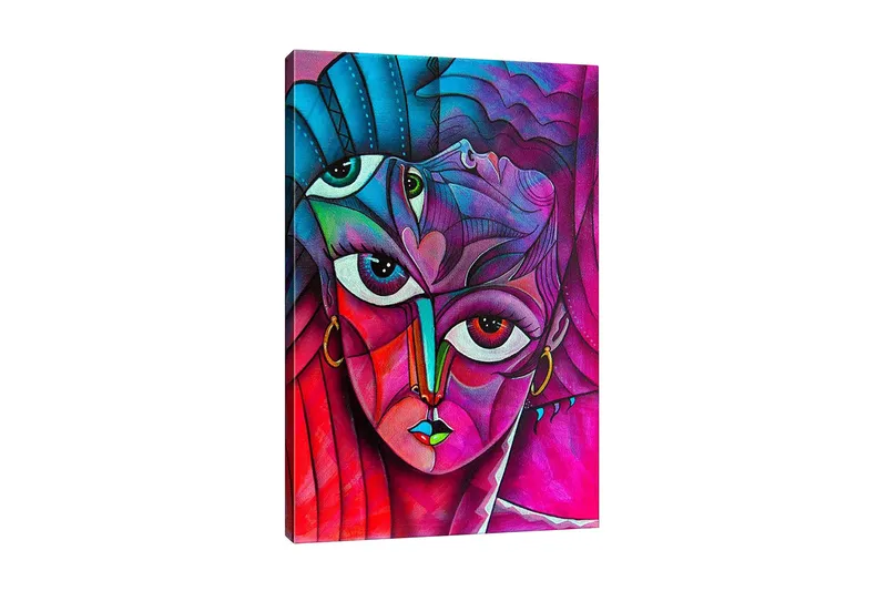 Canvastavla - Abstrakt porträtt av en kvinna med flera ansikten, Rosa / Lila / Turkos