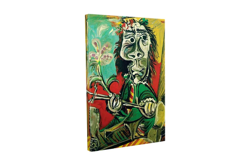 Canvastavla - Abstrakt porträtt av en man med blomma och instrument, Grön / Röd / Svart