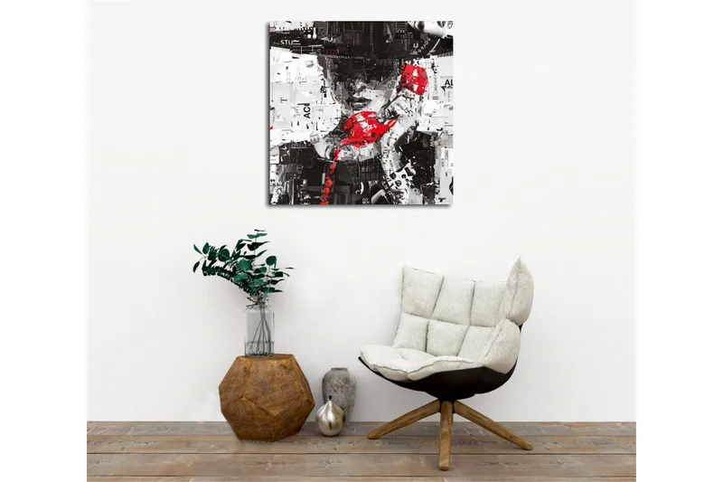 Canvastavla - Abstrakt porträtt med en röd telefon och grafiska element - Röd / Svart / Vit - Inredning - Tavlor & posters - Canvastavla