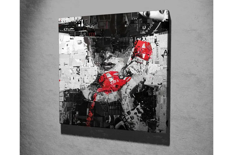 Canvastavla - Abstrakt porträtt med en röd telefon och grafiska element - Röd / Svart / Vit - Inredning - Tavlor & posters - Canvastavla