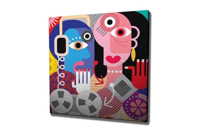 Canvastavla - Abstrakt porträtt av två ansikten med färgglada detaljer, Blå / Rosa / Röd