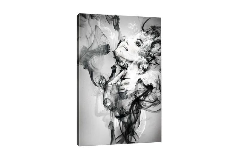 Canvastavla - Abstrakt porträtt av en kvinna omgiven av rökiga former, Svart / Vitt / Grått