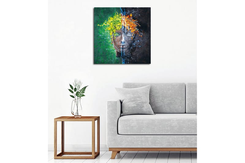 Canvastavla - Ansikte med blomsterkrans i kontrasterande färger - Grön / Gul / Orange - Inredning - Tavlor & posters - Canvastavla