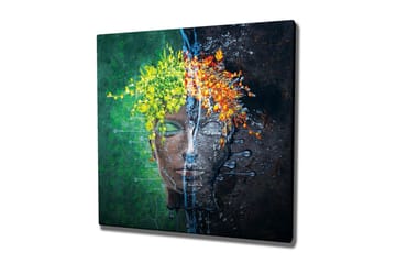 Canvastavla - Ansikte med blomsterkrans i kontrasterande färger - Grön / Gul / Orange - Inredning - Tavlor & posters - Canvastavla