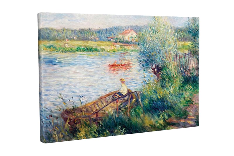 Canvastavla - Avkopplande scen vid en sjö med en person i båt och omgivande grönska - Grön / Blå / Beige - Inredning - Tavlor & posters - Canvastavla