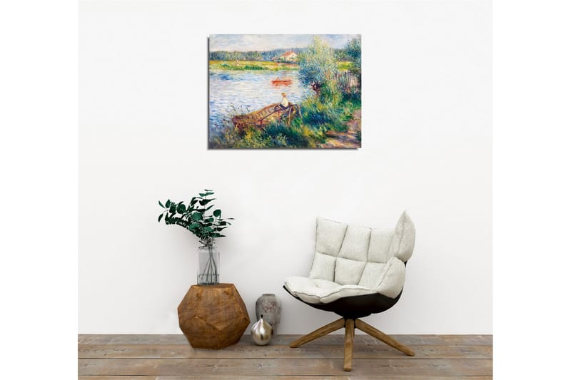 Canvastavla - Avkopplande scen vid en sjö med en person i båt och omgivande grönska - Grön / Blå / Beige - Inredning - Tavlor & posters - Canvastavla