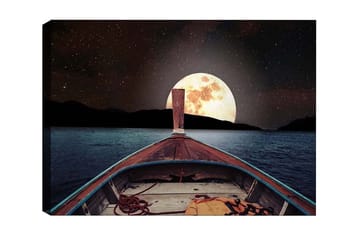 Canvastavla - Båt som navigerar mot en stor fullmåne över en stilla sjö - Mörkblå / Grå / Orange - Inredning - Tavlor & posters - Canvastavla
