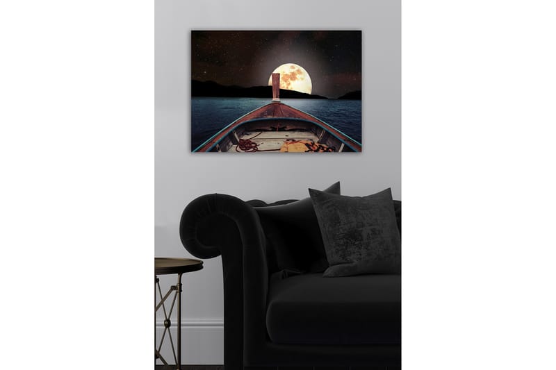 Canvastavla - Båt som navigerar mot en stor fullmåne över en stilla sjö - Mörkblå / Grå / Orange - Inredning - Tavlor & posters - Canvastavla