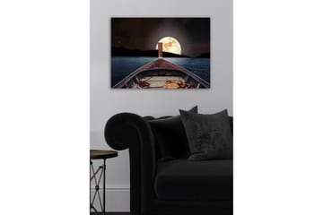 Canvastavla - Båt som navigerar mot en stor fullmåne över en stilla sjö - Mörkblå / Grå / Orange - Inredning - Tavlor & posters - Canvastavla