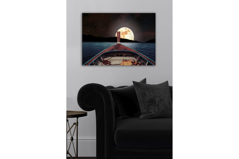 Canvastavla - Båt som navigerar mot en stor fullmåne över en stilla sjö - Mörkblå / Grå / Orange - Inredning - Tavlor & posters - Canvastavla
