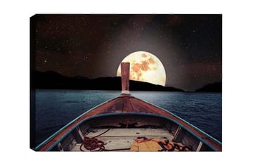 Canvastavla - Båt som navigerar mot en stor fullmåne över en stilla sjö - Mörkblå / Grå / Orange - Inredning - Tavlor & posters - Canvastavla