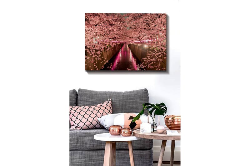 Canvastavla - Blommande körsbärsträd vid en kanal - Rosa / Grön / Lila - Inredning - Tavlor & posters - Canvastavla